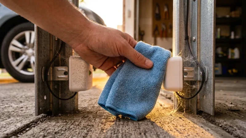 Hand cleaning a dusty garage door safety sensor lens with a blue microfiber cloth