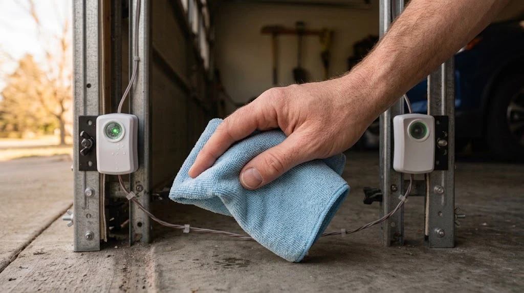 How to Fix a Garage Door Sensor (All Brands, 2026) 6 Hand cleaning a garage door safety sensor lens with a blue microfiber cloth