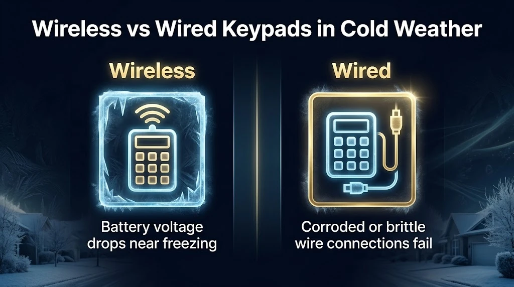 Garage Door Keypad Not Working in Cold Weather: The Fix 4 Infographic comparing how cold weather affects wireless and wired garage door keypads