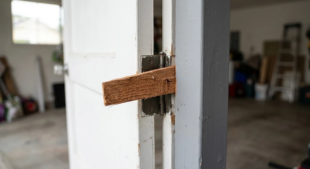 Wood shim wedged into the frame gap near a door hinge