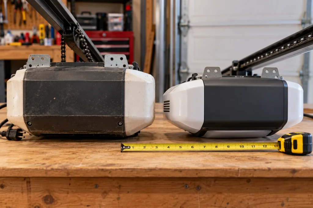 Older AC and newer DC garage door opener motor units side by side on a workbench with a tape measure