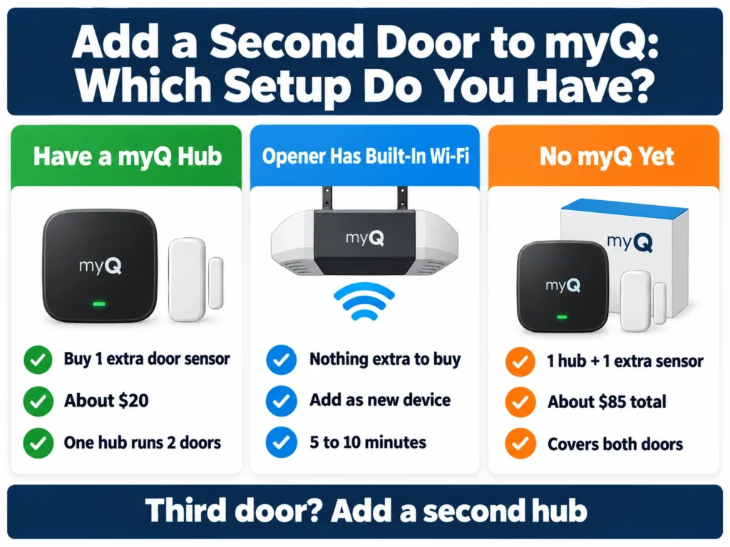 Infographic showing three ways to add a second garage door to myQ: existing hub, built-in Wi-Fi opener, or no myQ yet