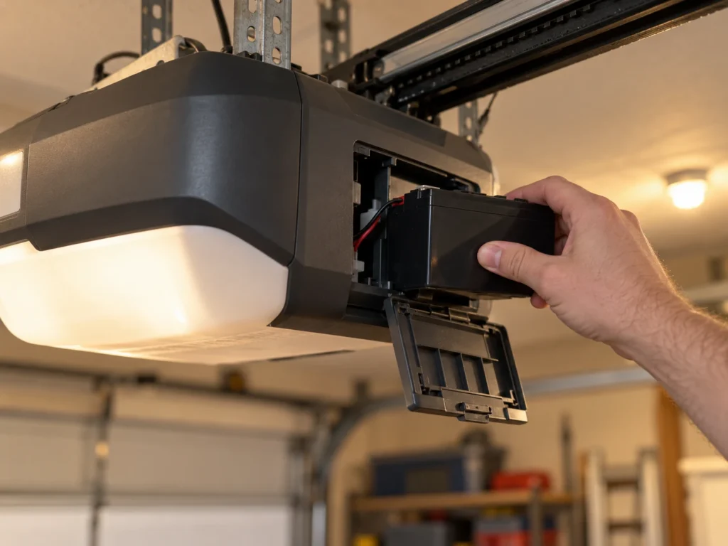 Best Garage Door Opener With Battery Backup (2026) 6 Sliding a backup battery into an existing battery-ready garage door opener