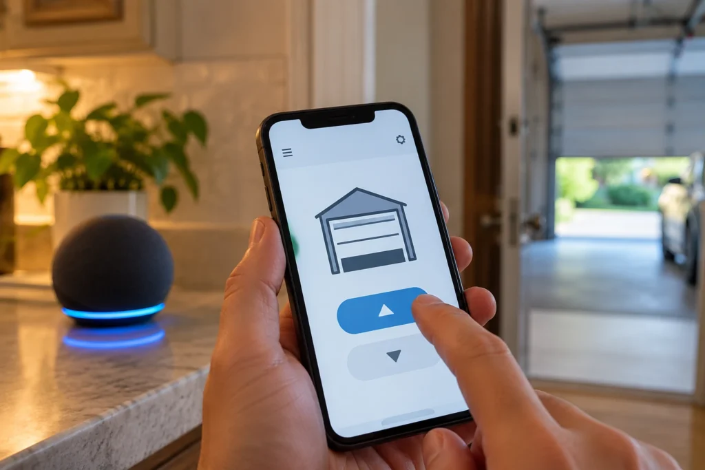 Smartphone smart home app showing a garage door device during Alexa setup