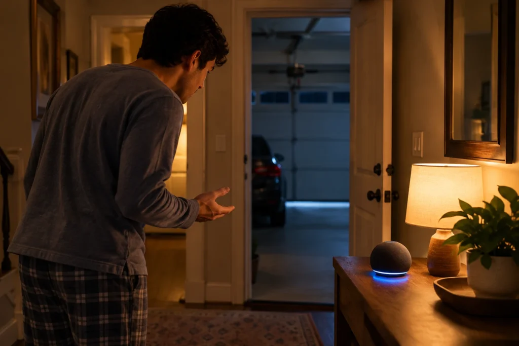 Person talking to a smart speaker at night to run a bedtime routine that closes the garage door