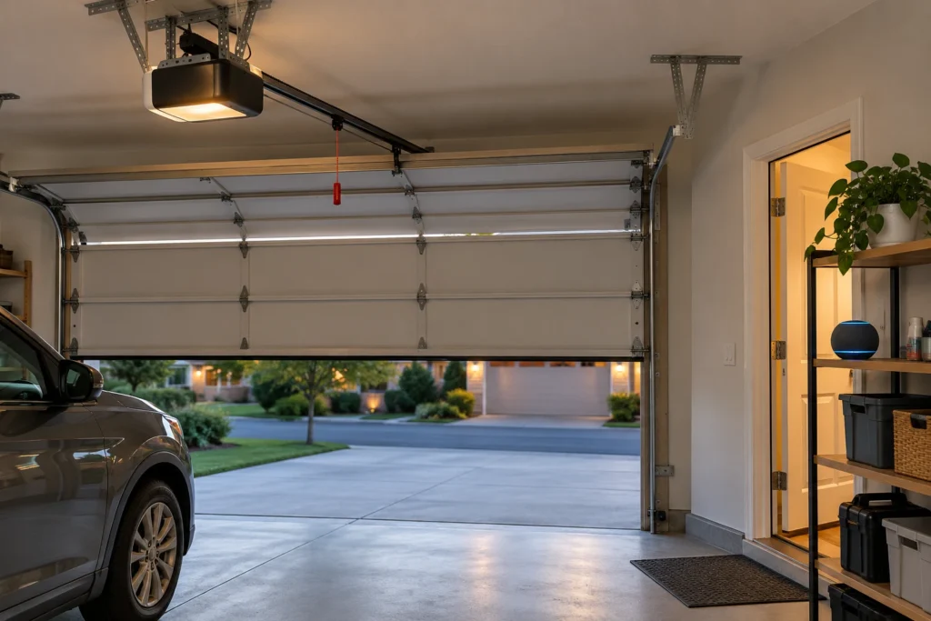 Quiet belt drive garage door opener in a two-car garage with a smart speaker by the house door
