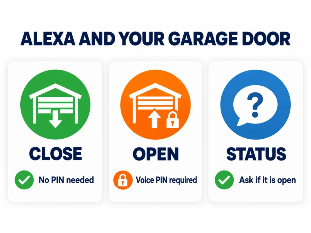 Chart showing Alexa garage door commands: close needs no PIN, open needs a voice PIN, status can be checked