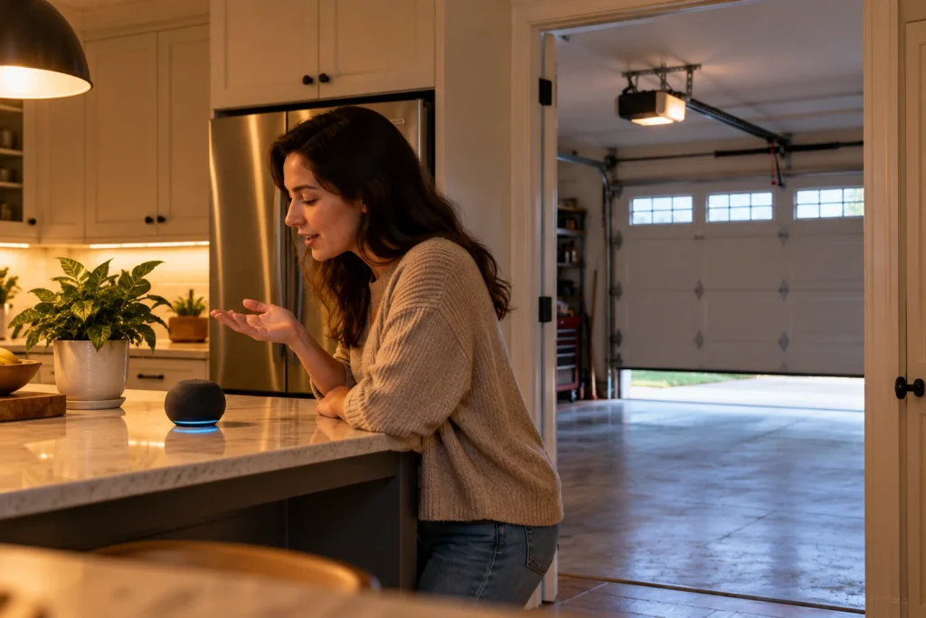 Woman speaking to a smart speaker in the kitchen to control the garage door opener