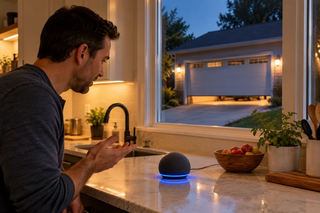 Is the Ryobi Garage Door Opener Compatible with Alexa? 7 Man in a kitchen speaking to an Alexa smart speaker while the garage door is visible through the window