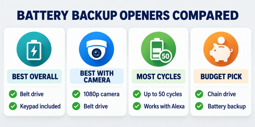 Best Garage Door Opener With Battery Backup (2026) 3 Comparison chart of battery backup garage door openers: best overall, best with camera, most cycles, budget pick