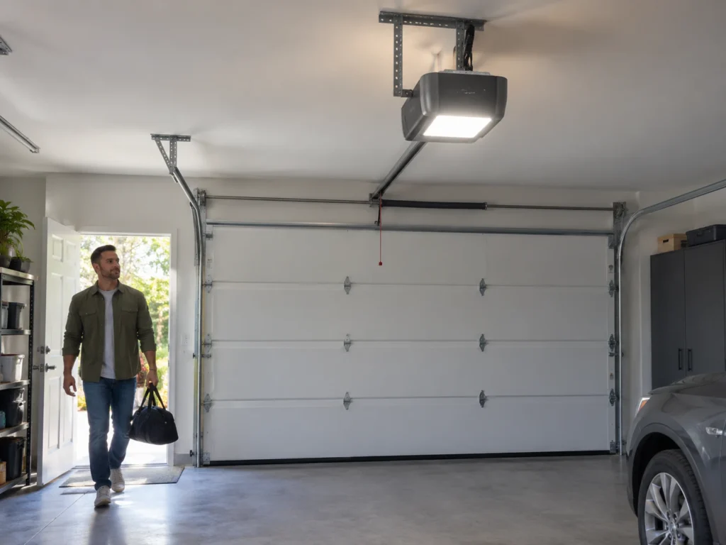 Homeowner walking into a garage as a belt drive opener LED light turns on above an insulated double door