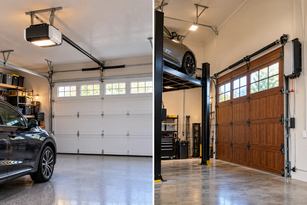 Side-by-side garages comparing a ceiling belt drive opener with a wall-mount jackshaft opener and car lift