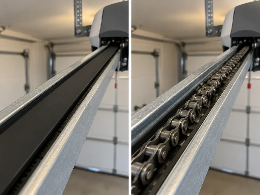Side-by-side garage door opener rails comparing a smooth rubber belt with a metal roller chain
