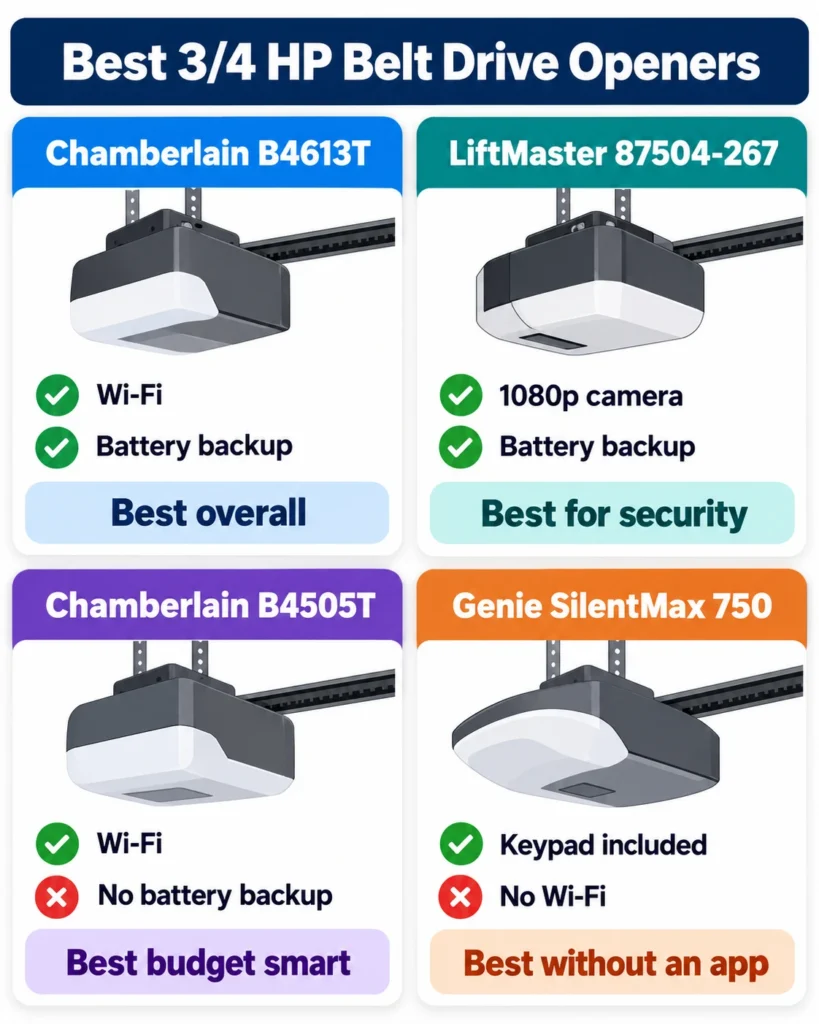 Infographic comparing the Chamberlain B4613T, LiftMaster 87504-267, Chamberlain B4505T and Genie SilentMax 750 belt drive openers