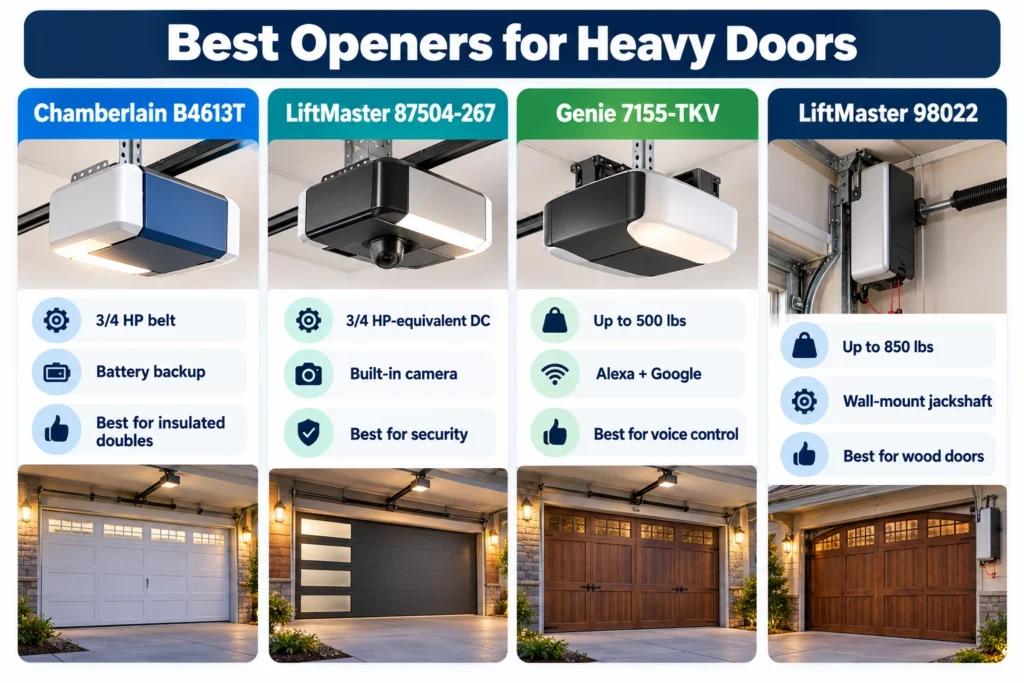 Infographic comparing the Chamberlain B4613T, LiftMaster 87504-267, Genie 7155-TKV and LiftMaster 98022 for heavy doors