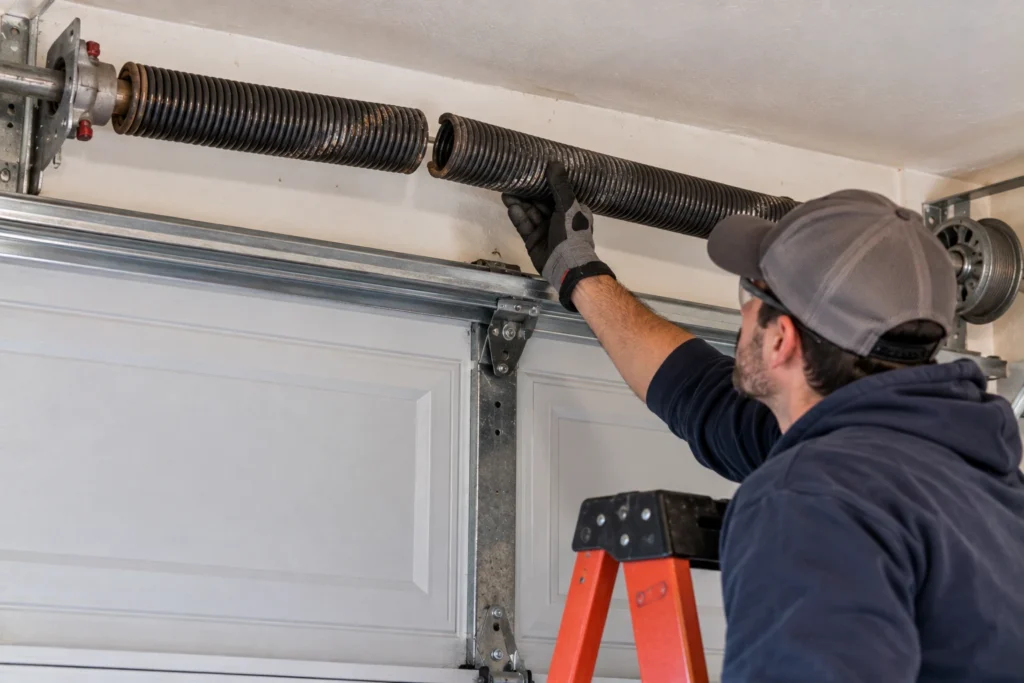 Garage door technician inspecting a broken torsion spring above the door