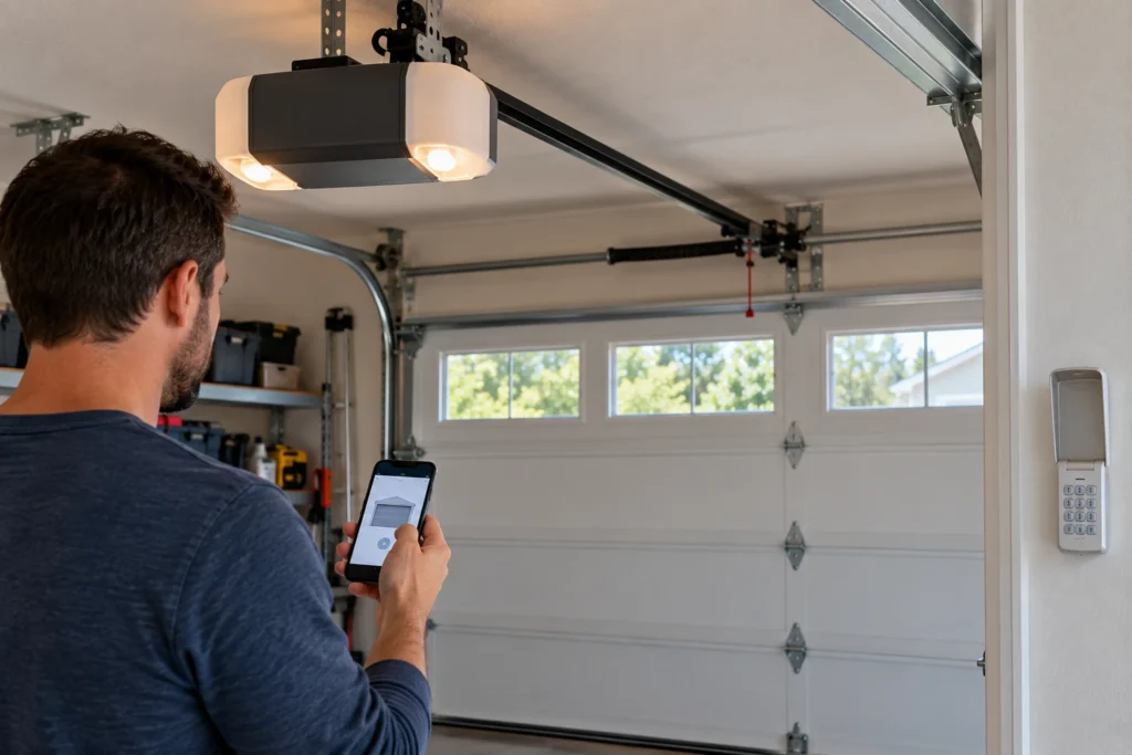 Homeowner using a smartphone app to control a belt drive garage door opener with a wall keypad nearby