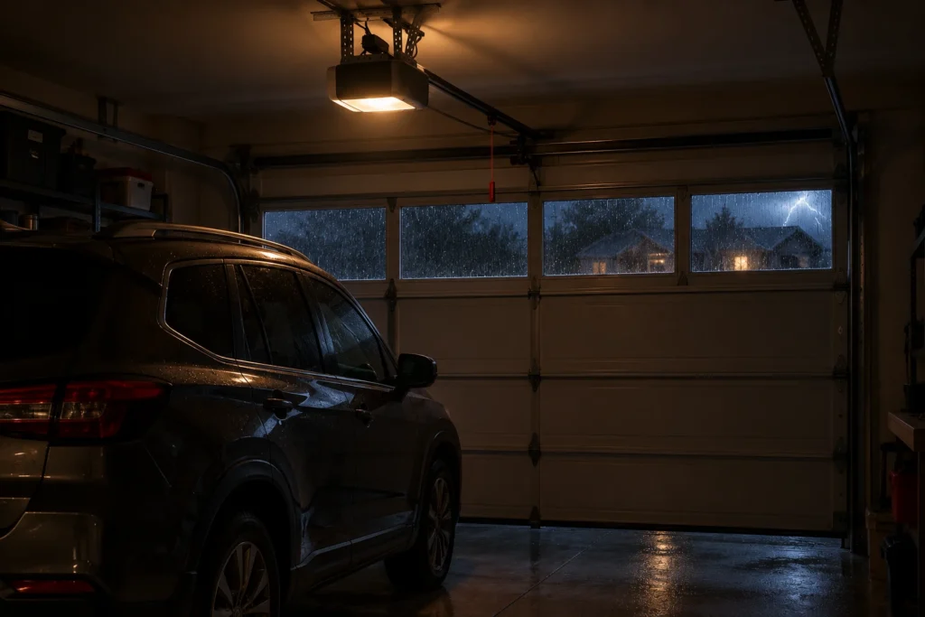 Best Garage Door Opener With Battery Backup (2026) 2 Car parked in a dark garage during a storm power outage with the opener light on battery backup