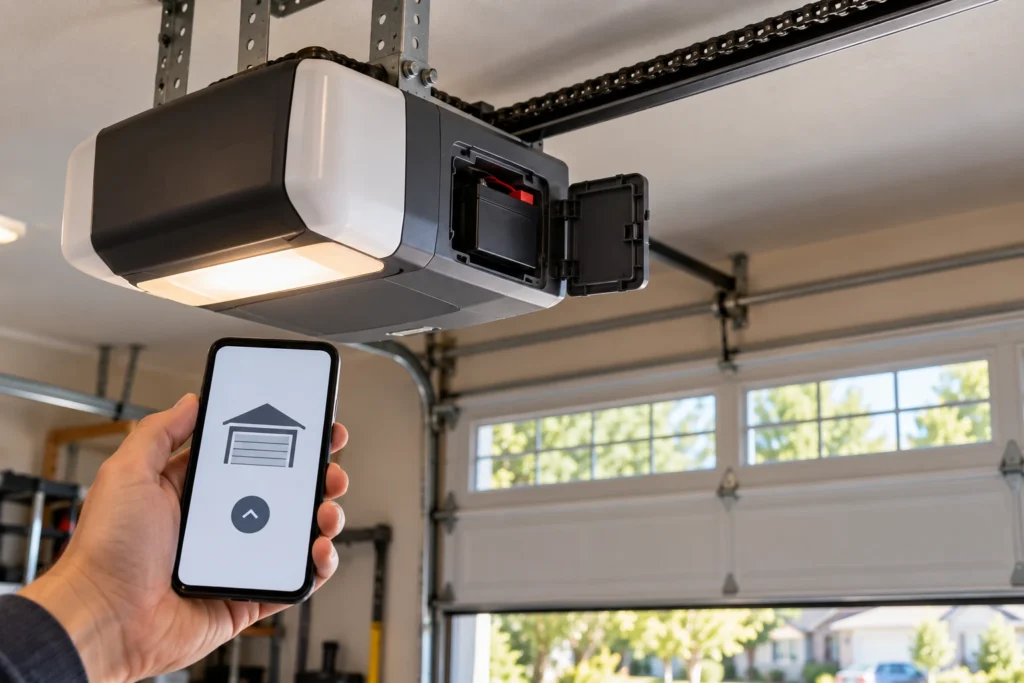 Chain drive garage door opener with a battery compartment and a smartphone app for remote control
