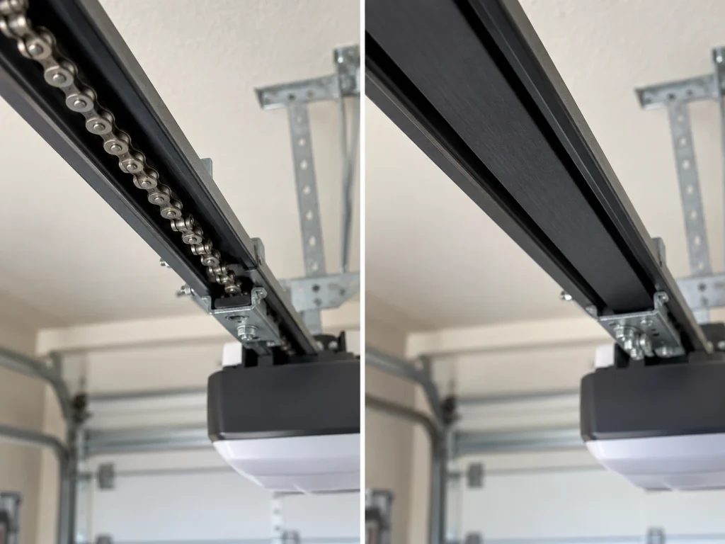 Side-by-side garage door opener rails showing a steel chain drive on the left and a smooth rubber belt drive on the right