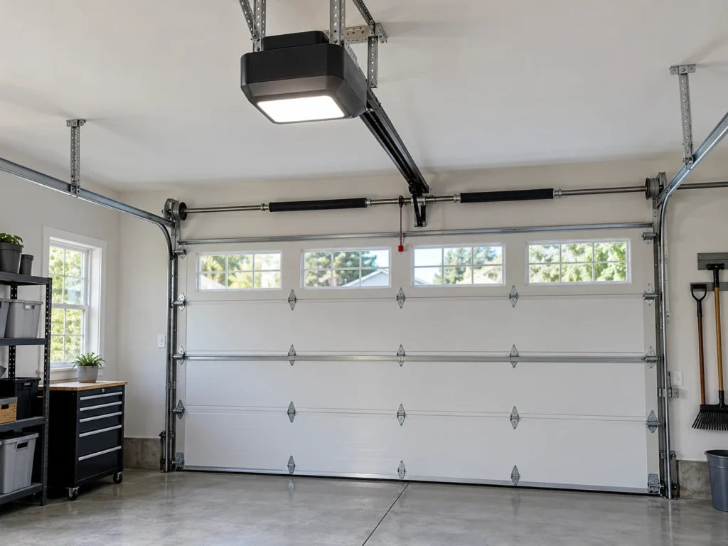 Belt drive garage door opener with LED light mounted above an insulated white double garage door