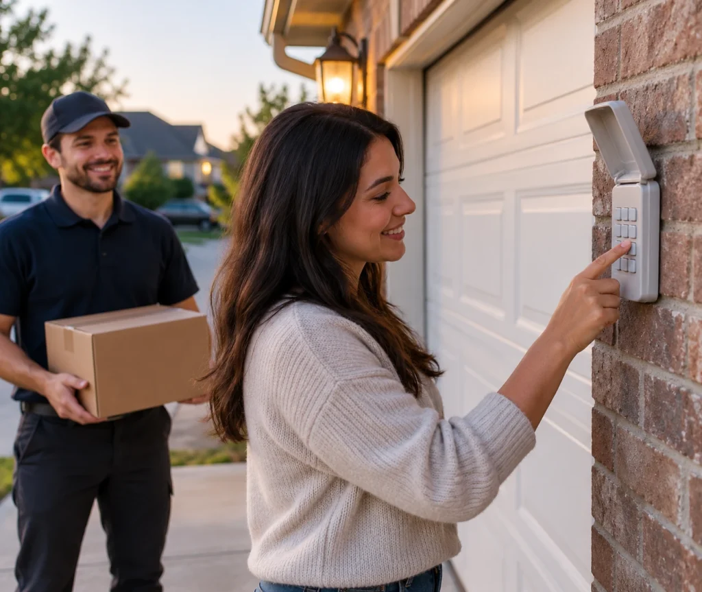 How to Reset Craftsman Garage Door Keypad Without Enter Button 6 Homeowner entering a new code on a garage door keypad while a delivery driver waits with a package