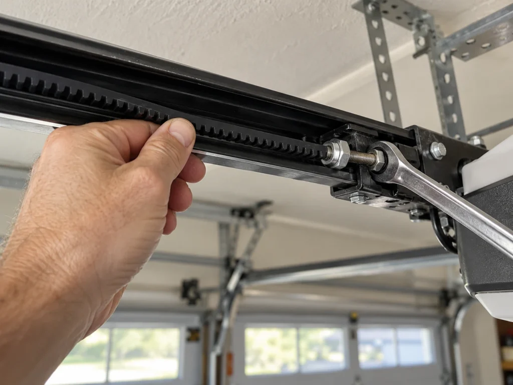 Hand checking the rubber belt tension on a garage door opener rail with a wrench on the tension nut