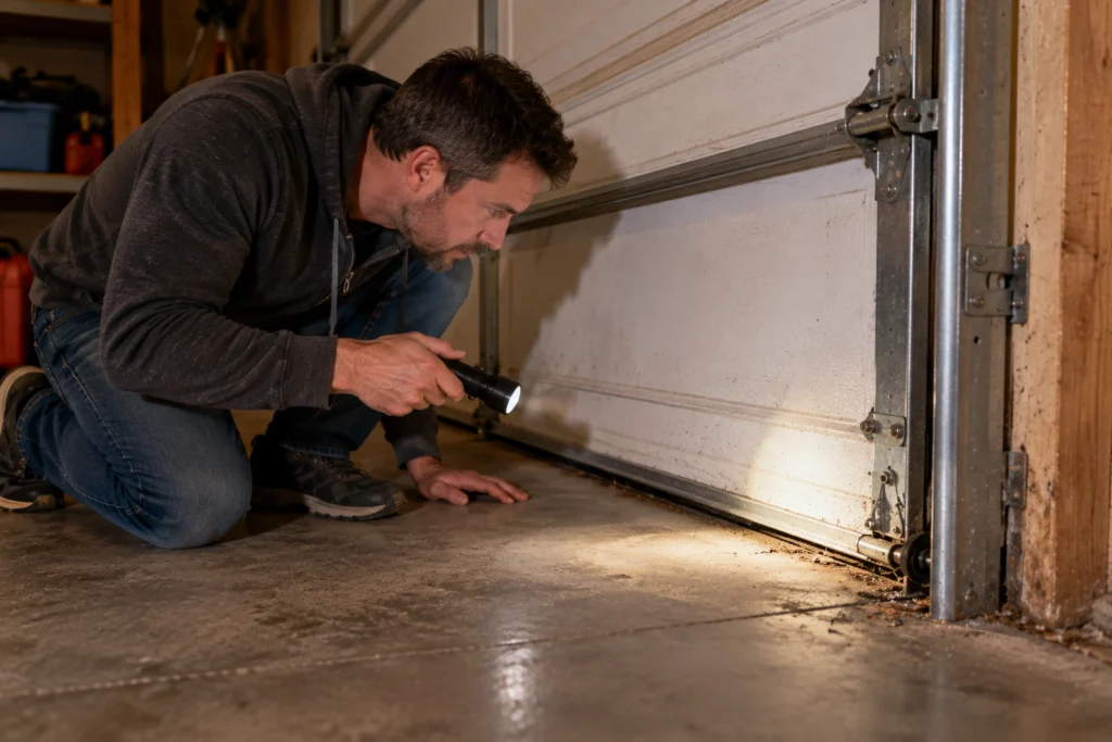 Homeowner with a flashlight checking the bottom of a garage door track for safety sensors