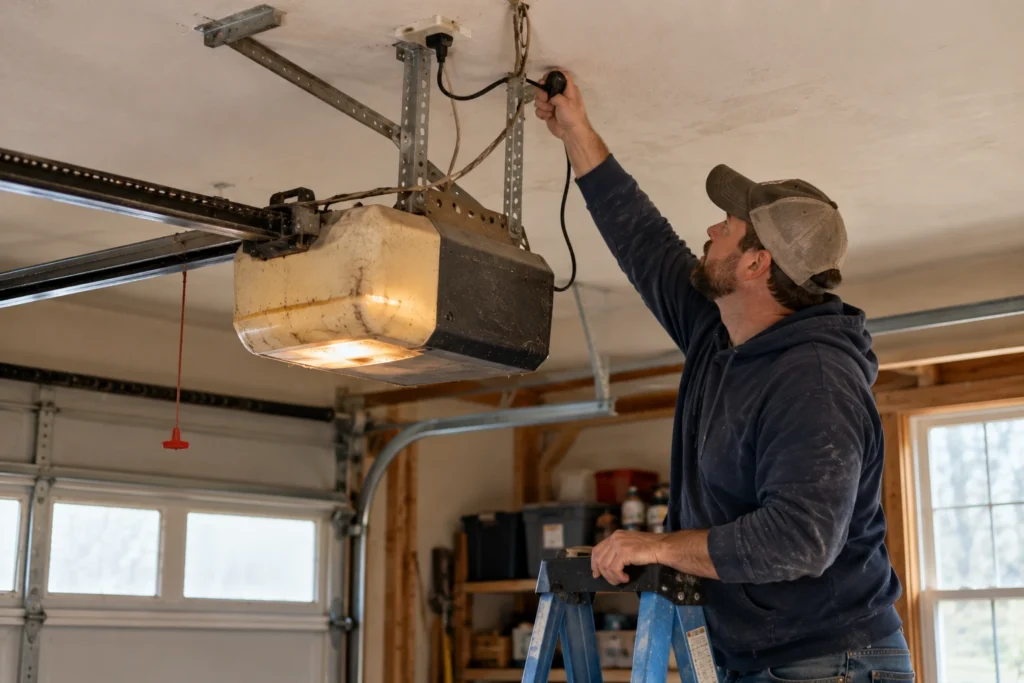 Man on a ladder checking the outlet and plug of an old garage door opener