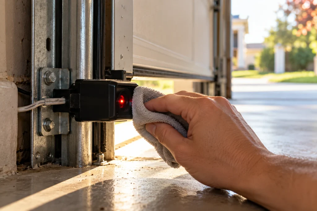 How to Reset a Ryobi Garage Door Opener (Remotes, Limits and Wi-Fi) 8 Wiping a garage door safety sensor lens with a cloth