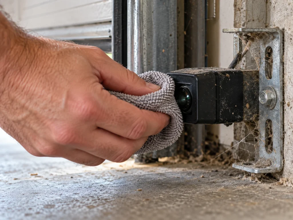 Wiping a garage door safety sensor lens with a dry microfiber cloth
