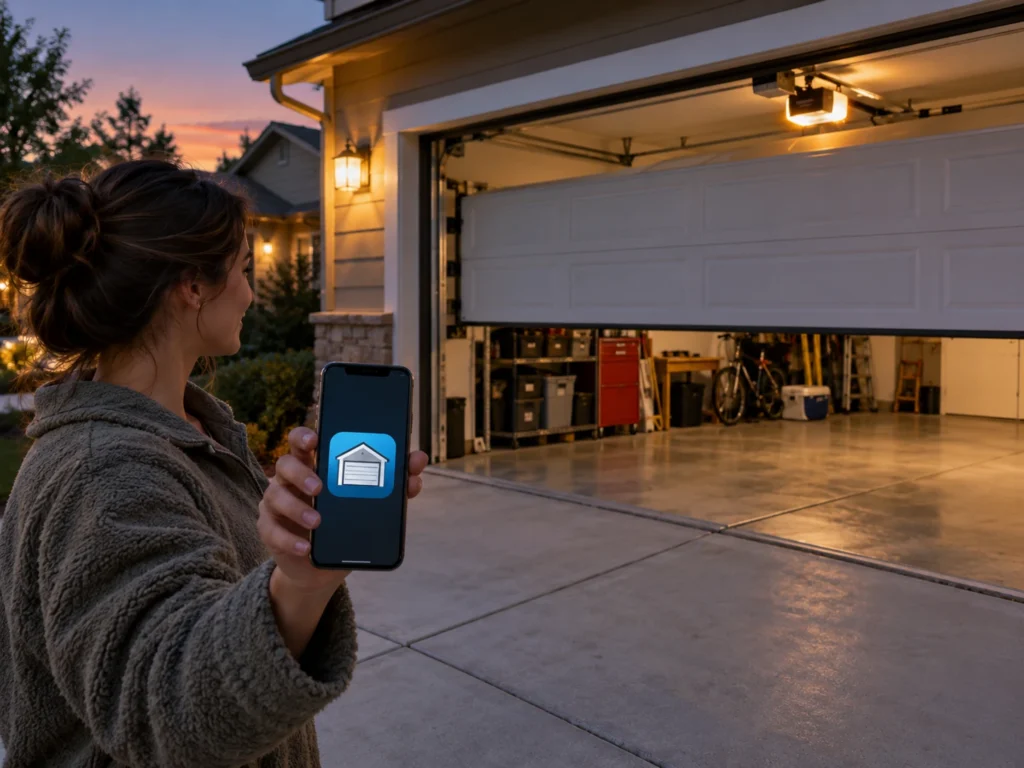 Woman closing the garage door with a smartphone app while the opener light flashes before the door moves
