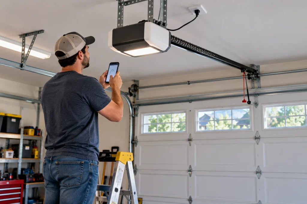 Homeowner on a ladder connecting a chain drive garage door opener to Wi-Fi with a smartphone