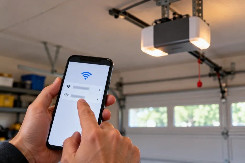 Selecting a 2.4 GHz WiFi network on a phone while setting up a garage door opener