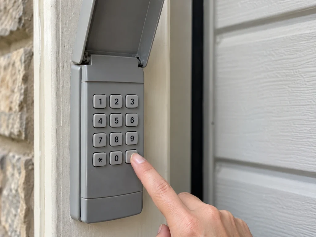How to Reset Craftsman Garage Door Keypad Without Enter Button 2 Garage door keypad with the cover lifted and a finger pointing at the bottom-right key