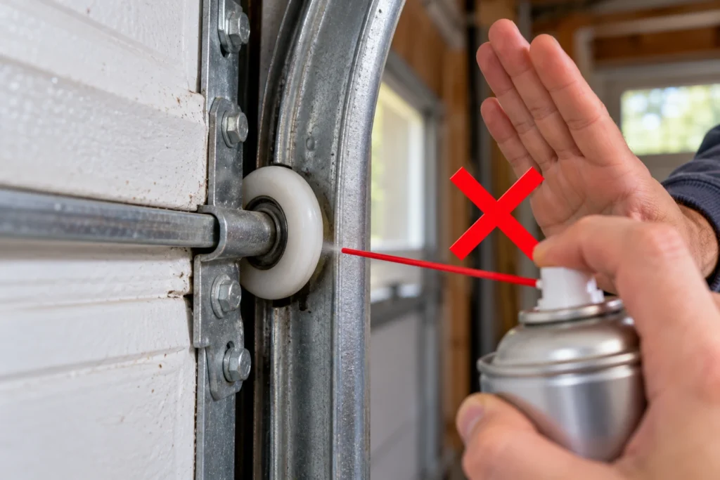 Best Lubricant for Garage Door Hinges (What Actually Works) 7 Nylon garage door roller in a steel track with a red X showing not to spray lubricant on it