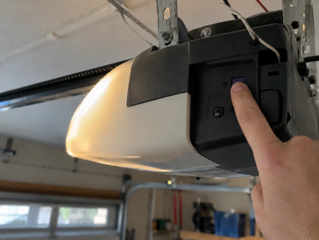 How to Reset Craftsman Garage Door Keypad Without Enter Button 7 Finger holding down the learn button on a garage door opener to erase all codes