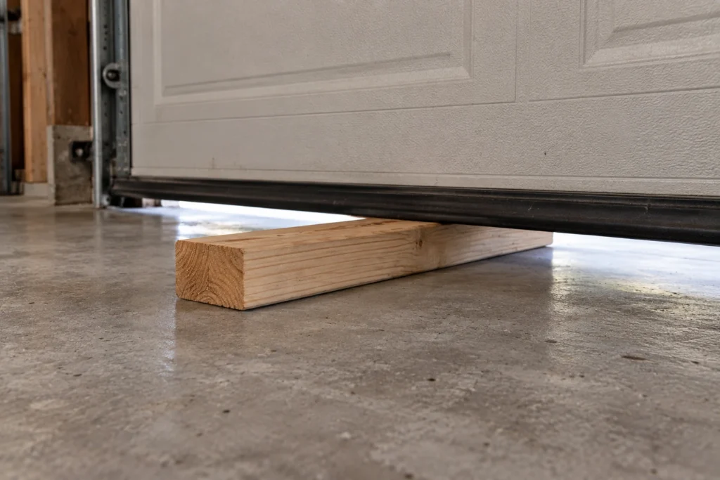Garage door closing onto a 2x4 board laid flat on the floor to test auto-reverse