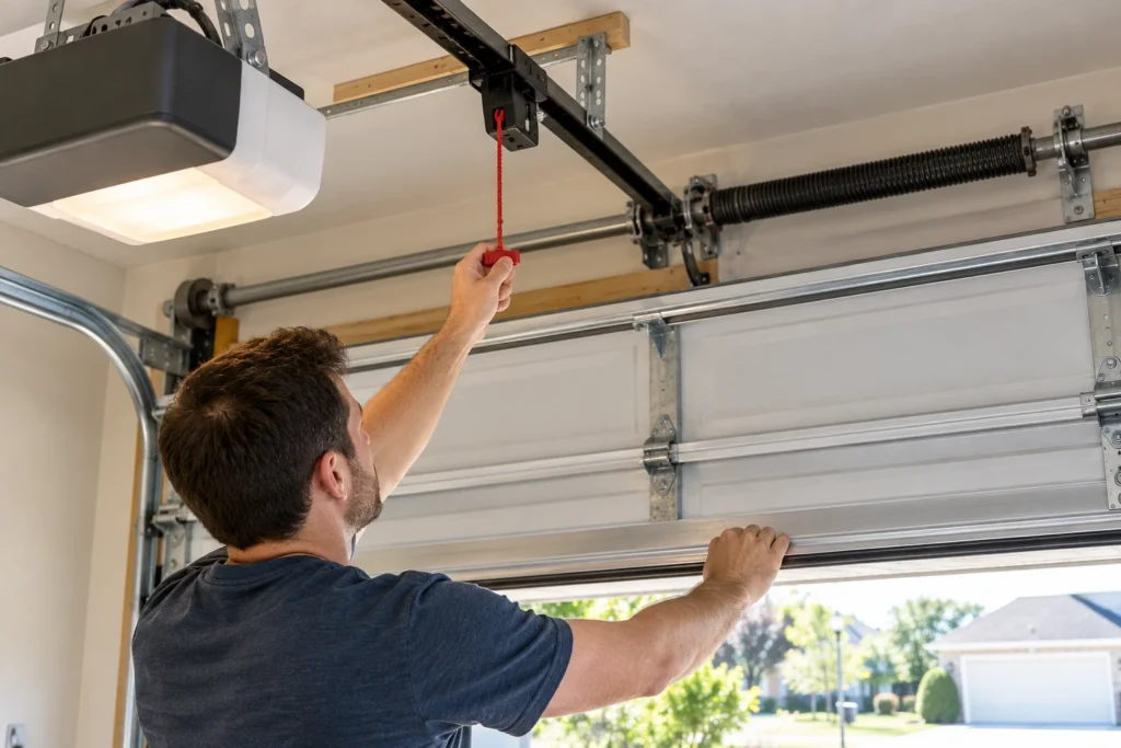 Homeowner pulling the red emergency release cord to test garage door balance by hand