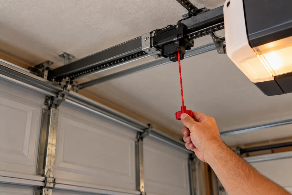 Pulling the red emergency release handle on a garage door opener trolley