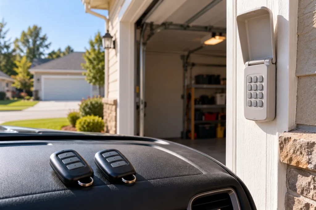 Wireless garage door keypad on the door frame and two 3-button remotes on a car dashboard