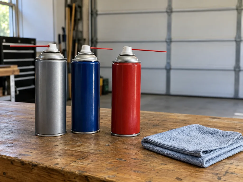 Best Lubricant for Garage Door Hinges (What Actually Works) 3 Three garage door lubricant spray cans with straw applicators on a workbench next to a rag
