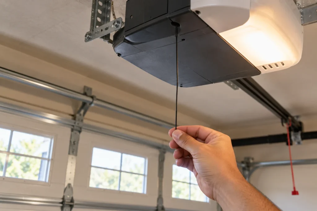 Straightening the antenna wire hanging from a garage door opener motor unit