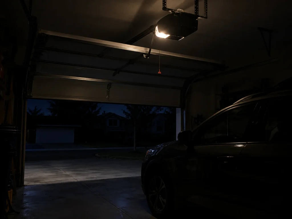 Garage door opener light running on battery backup in a dark garage during a power outage