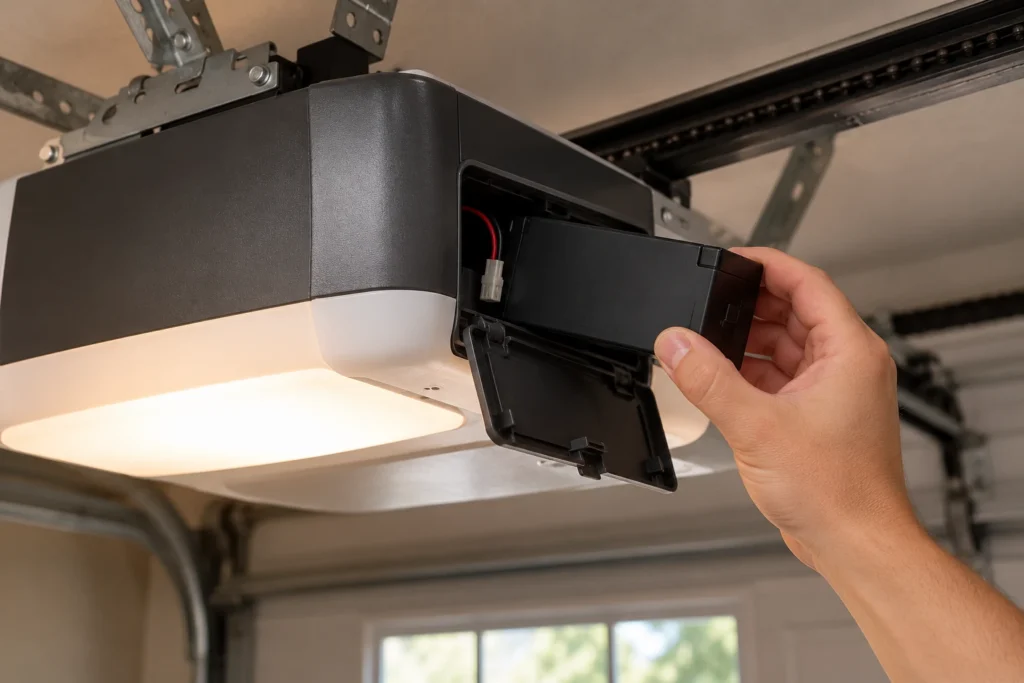 Best Garage Door Opener With Battery Backup (2026) 4 Backup battery pack being inserted into the battery compartment of a belt drive garage door opener