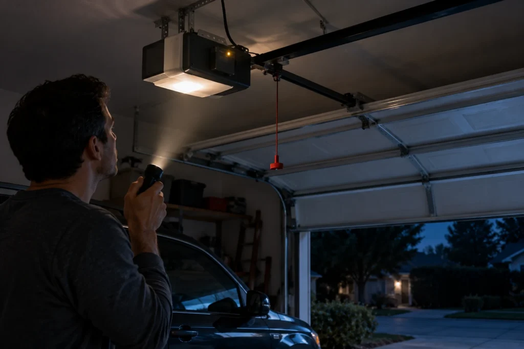 Homeowner with a flashlight in a dark garage while the opener runs on battery backup during an outage