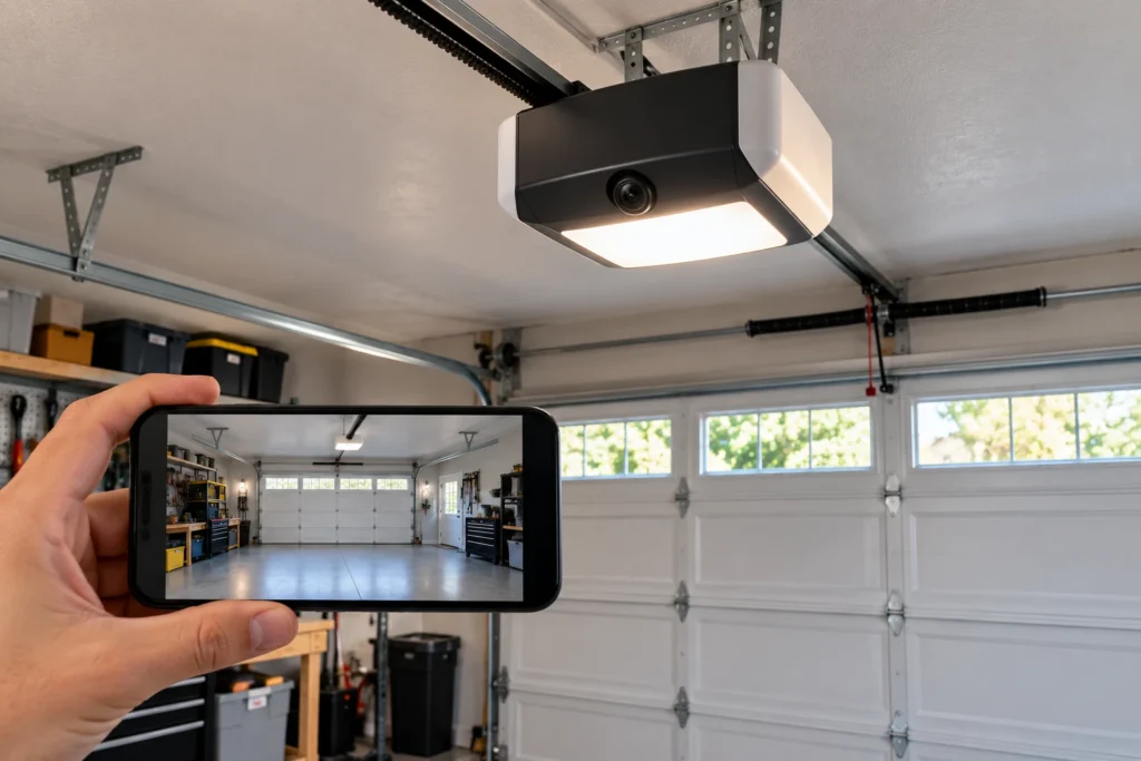 Garage door opener with a built-in camera and a smartphone showing a live view of the garage