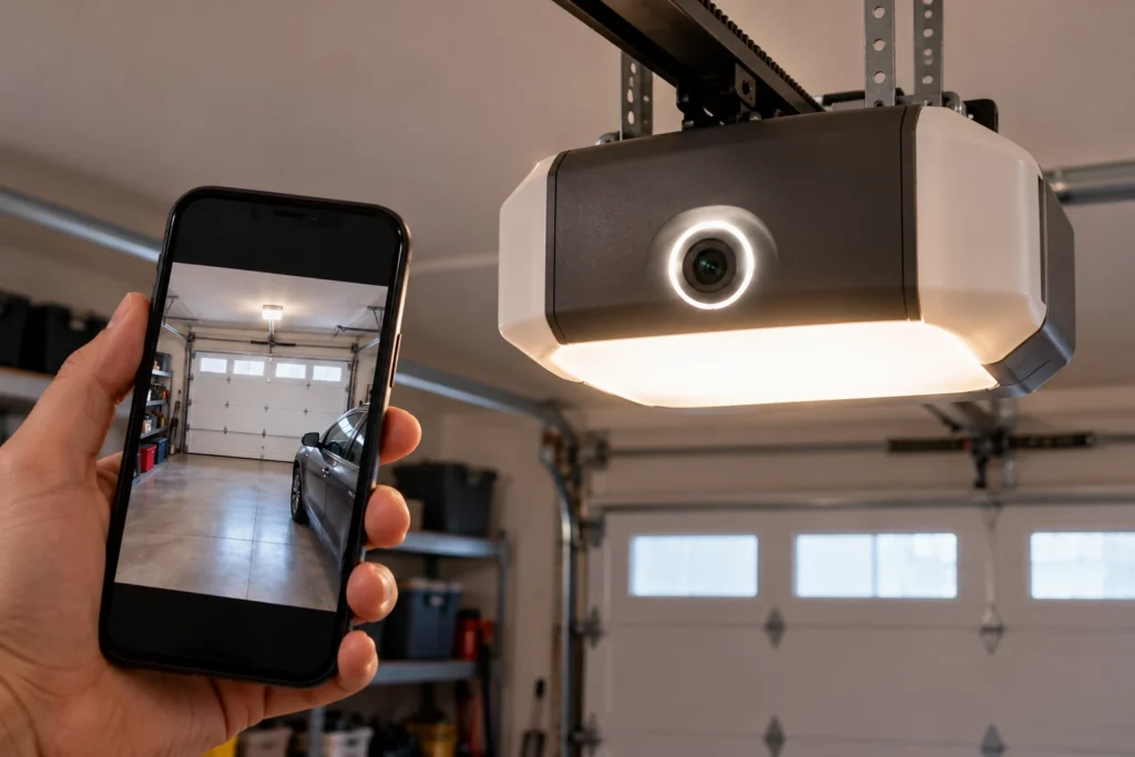 Garage door opener with a built-in camera and LED light ring and a phone showing a live garage view