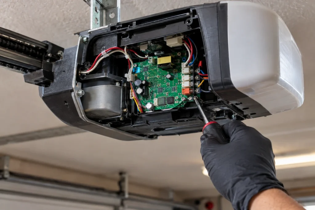 Technician inspecting the logic board inside a garage door opener motor unit