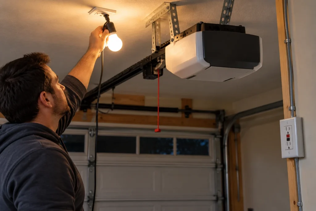 Homeowner testing the ceiling outlet that powers a garage door opener with a GFCI outlet nearby